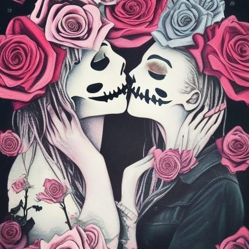 Skeletons Kissing with Roses in Neo-Romantic Style