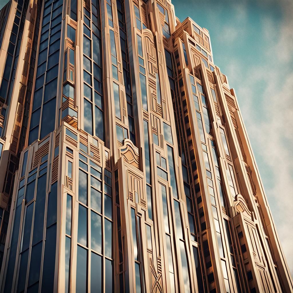 Art Deco Skyscraper Facade in Warm Sunlight