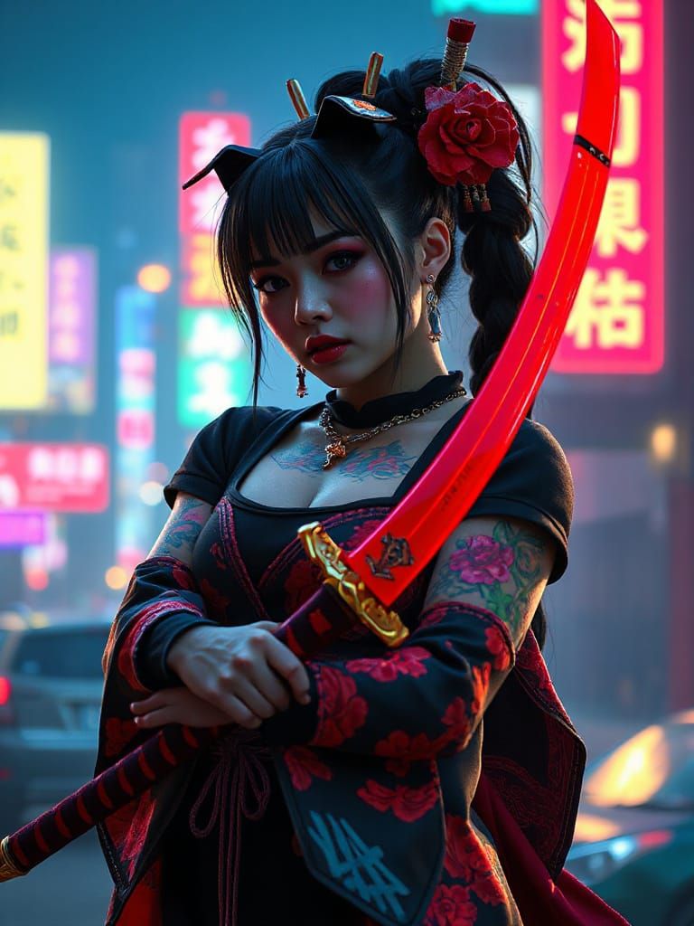 Cyberpunk Geisha with Katana in Photorealistic Anime Art