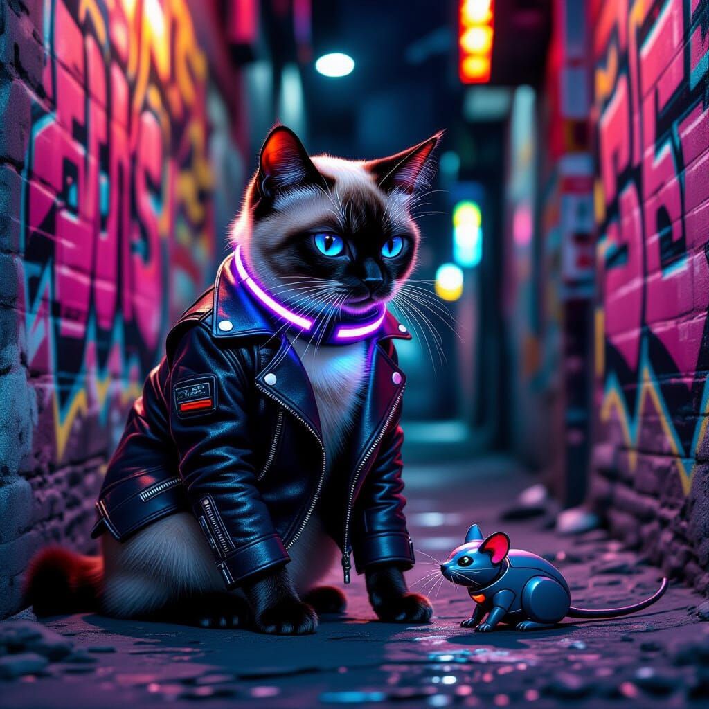 Cyberpunk Siamese Cat Batting a Robotic Mouse