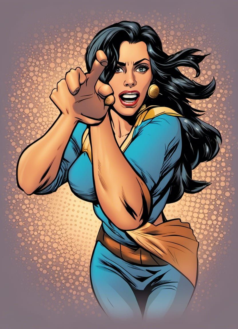 Dynamic Comic Book Heroine Punches the Air