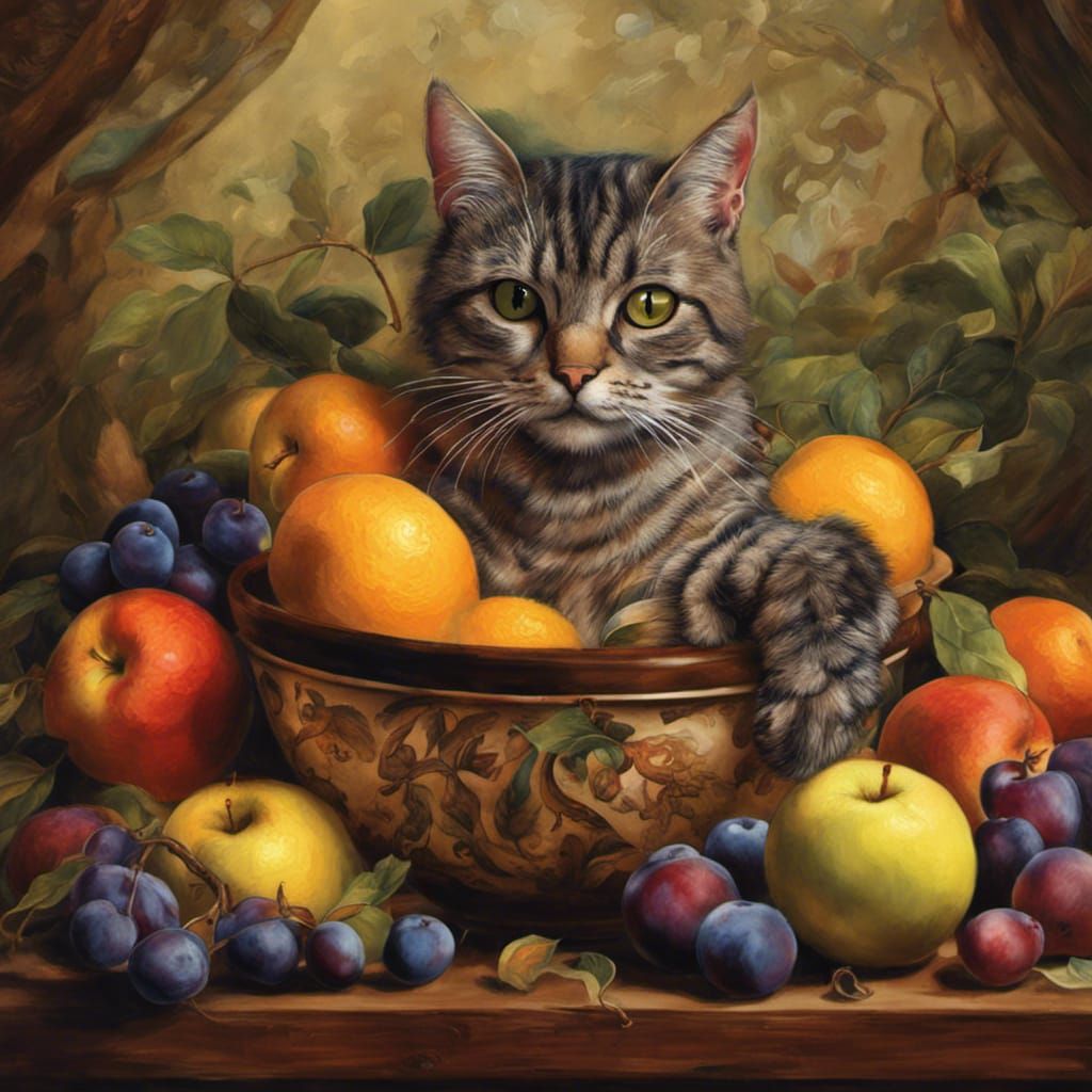 Hyperrealistic Cat Still Life with Fruit Bowl