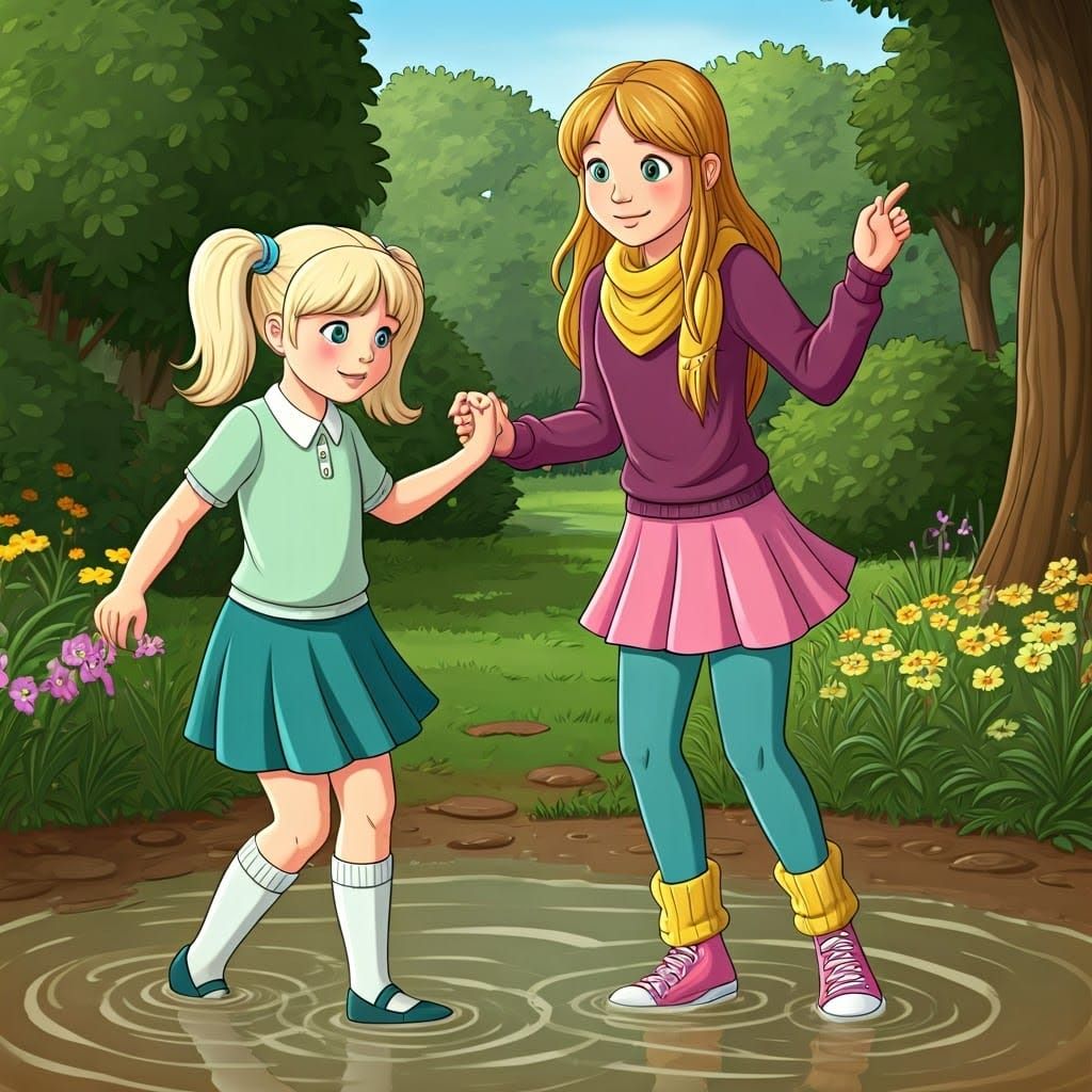 Girls Dancing in Muddy Garden Puddle