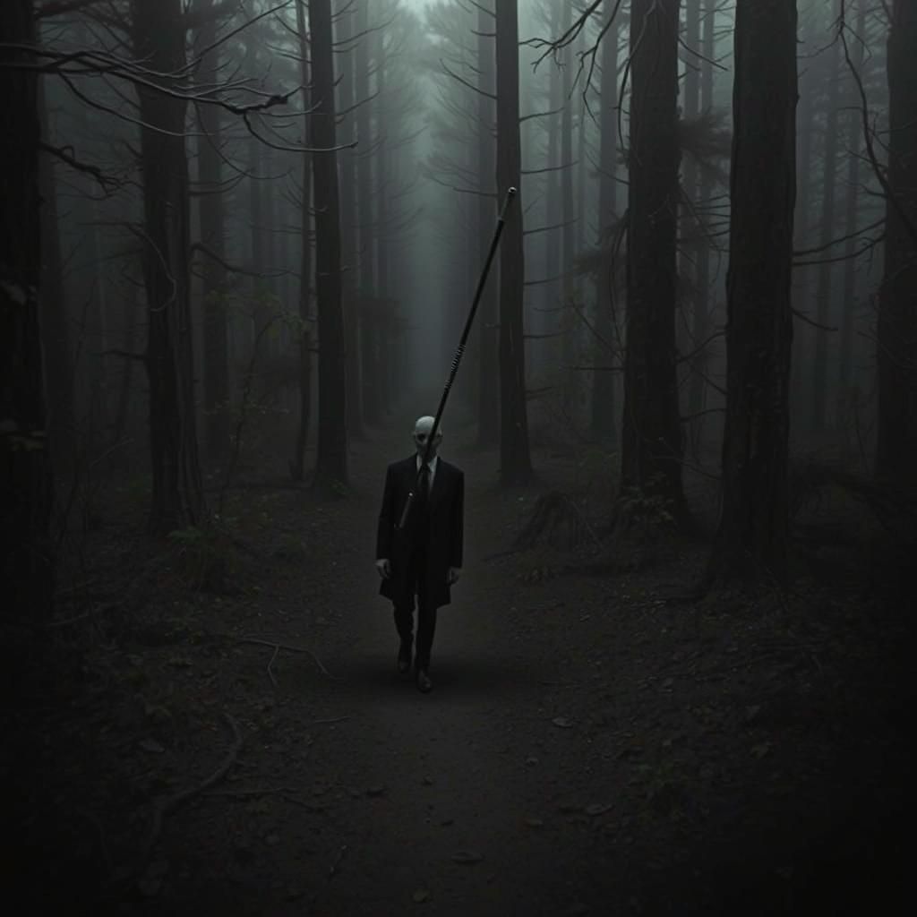 Slenderman Selfie in Eerie Forest, Surreal Art