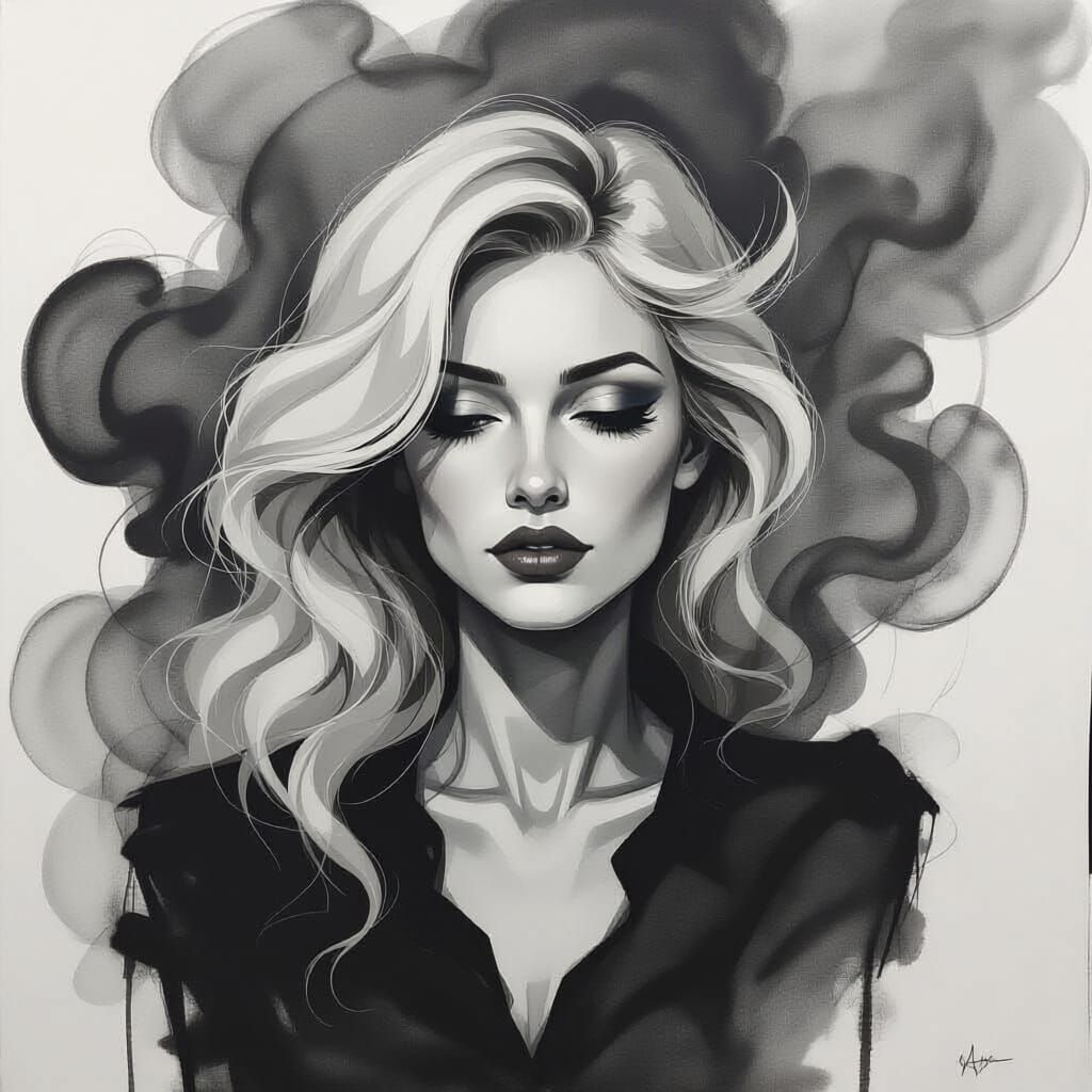 Abstract Blonde Woman in Charcoal Drawing Style