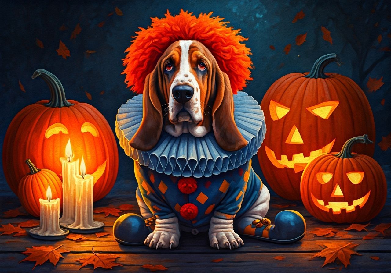 Basset Hound Clown Halloween Oil Painting