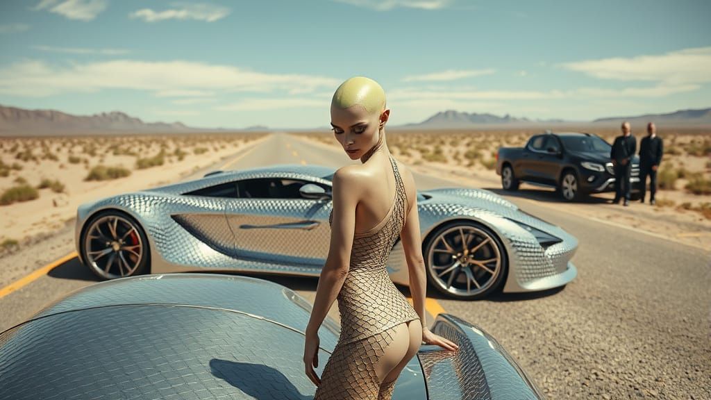 Alien Beauty Poses with Futuristic Car in New Mexico Desert