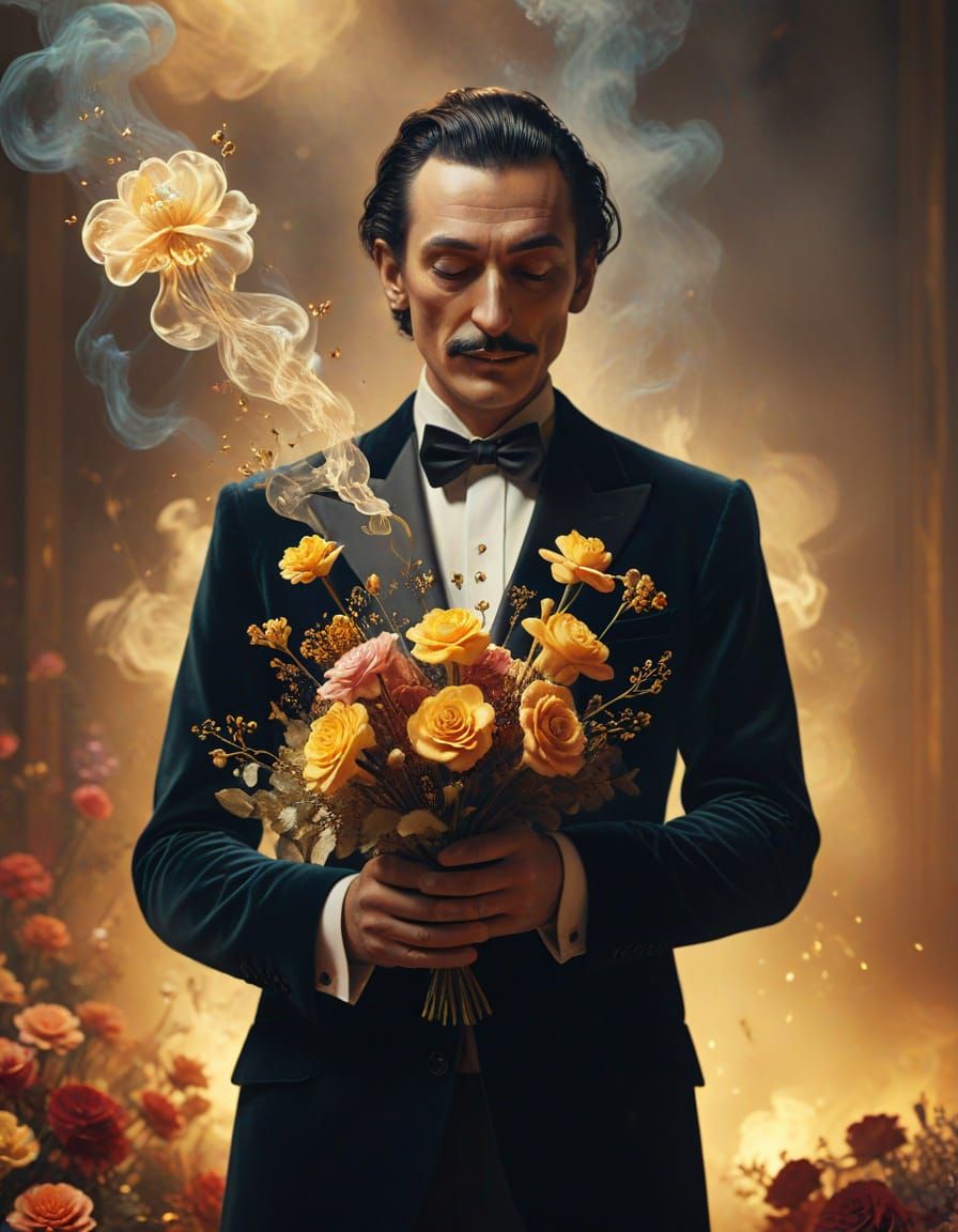 Magician with Bouquet in Surreal Salvador Dali Style