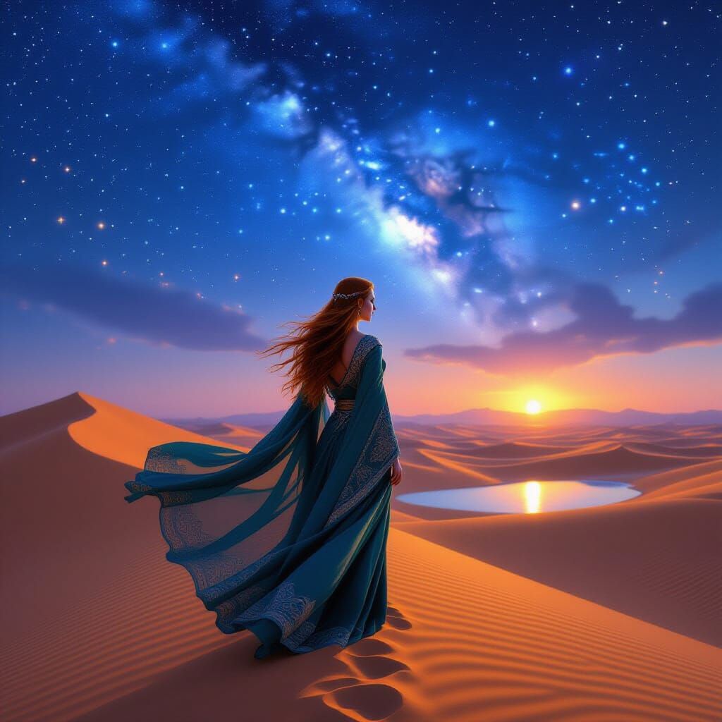 Elven Woman in Desert Twilight, Dutch Old Master Style