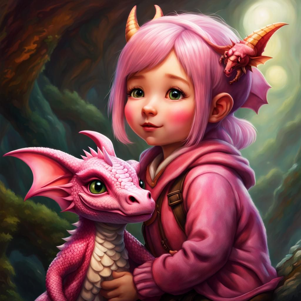 Chibi Pink Dragon on Girl's Shoulder Concept Art