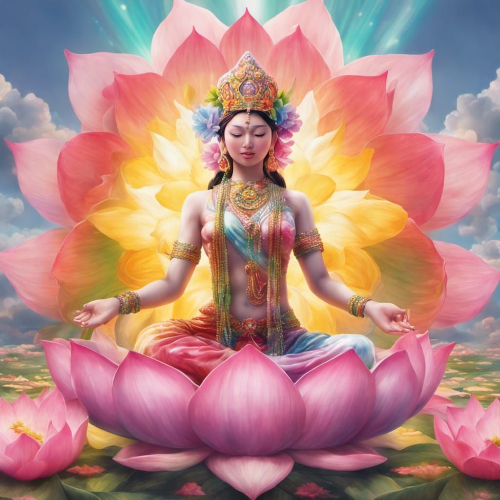 Goddess Tara in Lotus Blossom with Rainbow Flowers