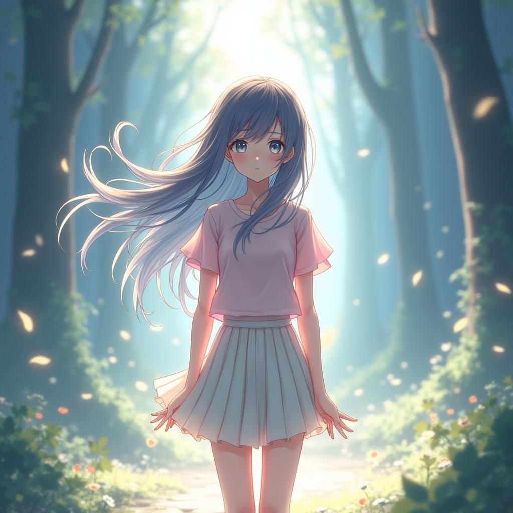 Teenage Girl in Mystical Forest, Anime Concept Art