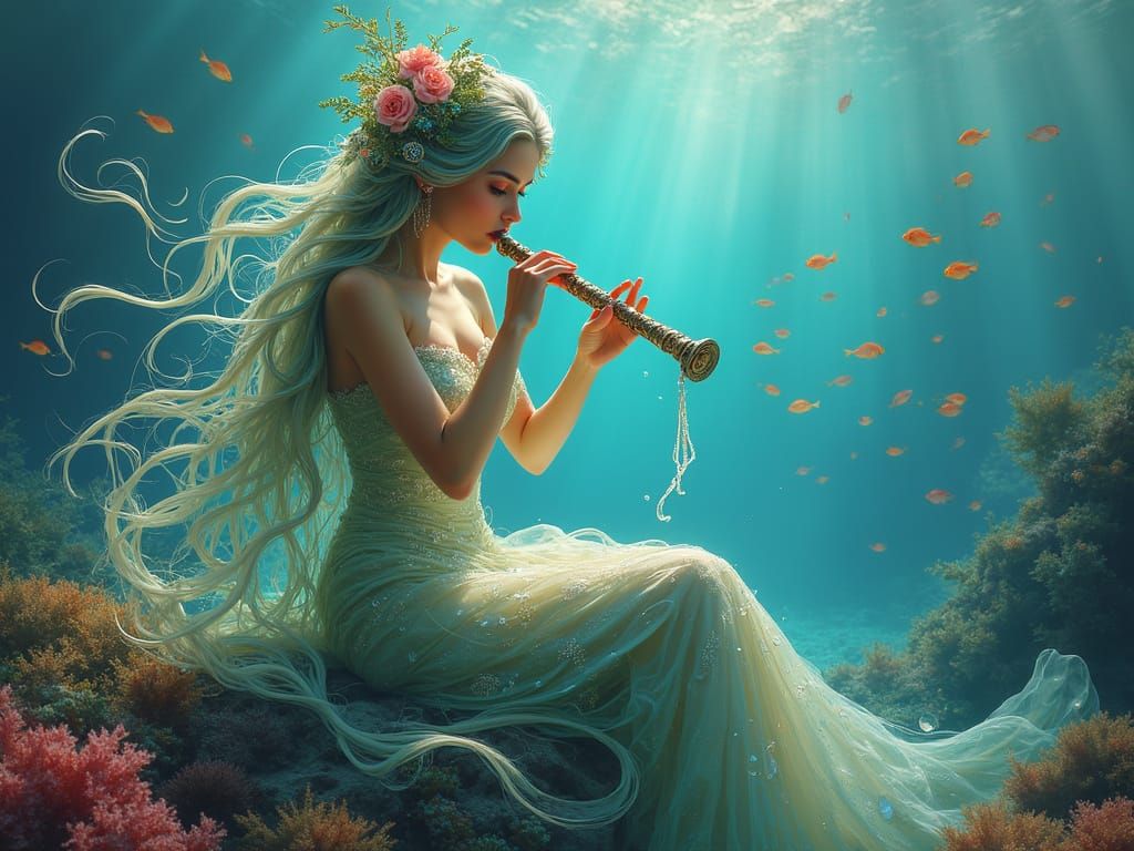 Mystical Sea Siren Plays Enchanting Chinese Flute Amidst Oce...