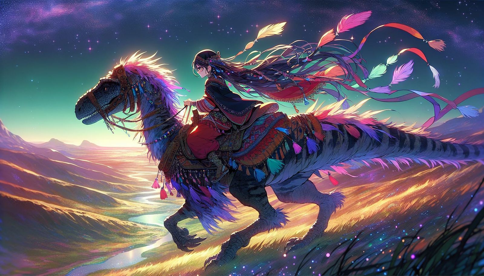 Anime Girl Rides Armored Velociraptor in Shimmering Countrys...