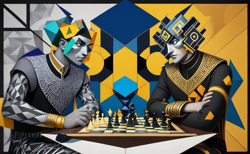 Cubist Chess Game with Geometric and Astrological Details