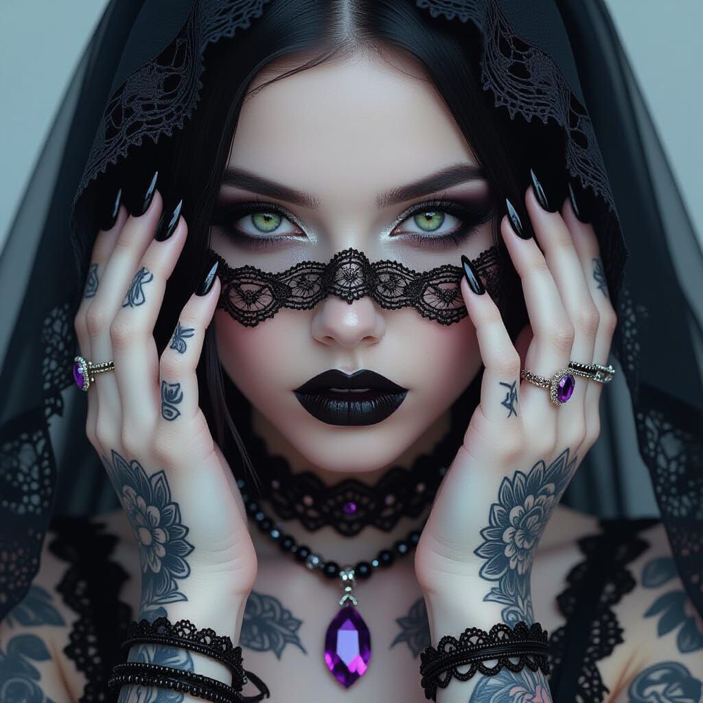 Goth Girl Portrait with Lace Veil in Hyperrealistic Style