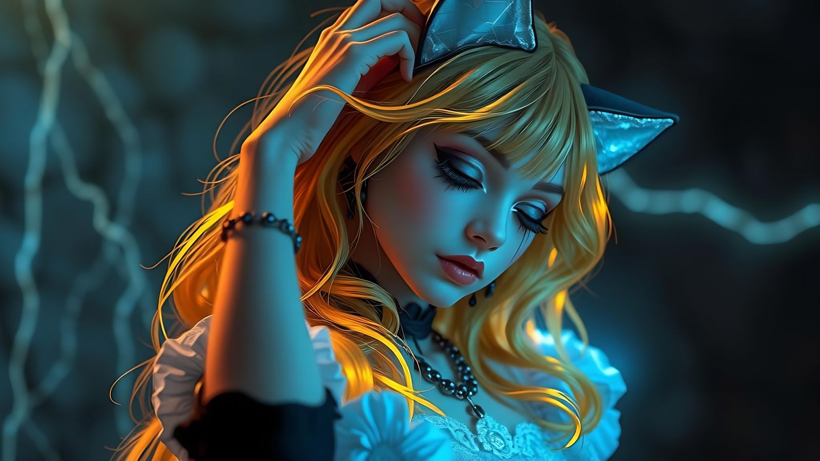 Gothic Cat-Eared Maiden Sleeping in Neon Light