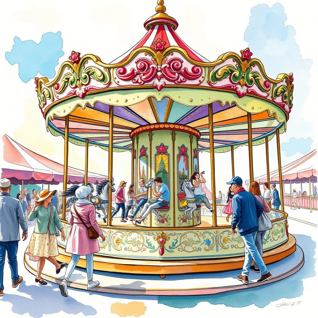 Whimsical Ice Cream Cart on Carousel, Impressionist Style