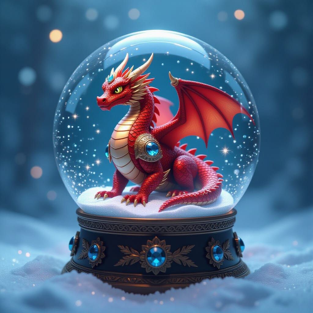 Bejeweled Red Dragon Snow Globe with Glitter Snow