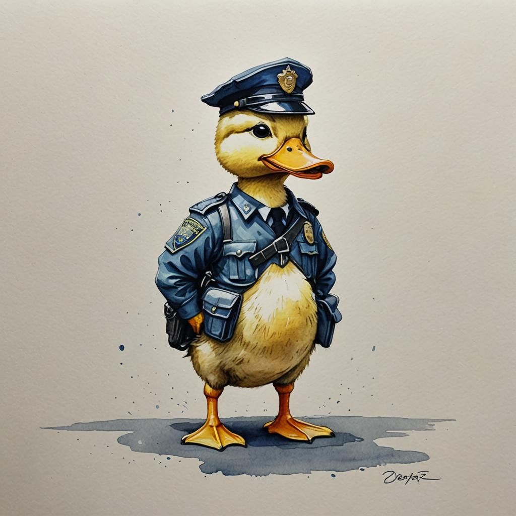 Cute Duck Traffic Officer in Pixar Watercolor Style