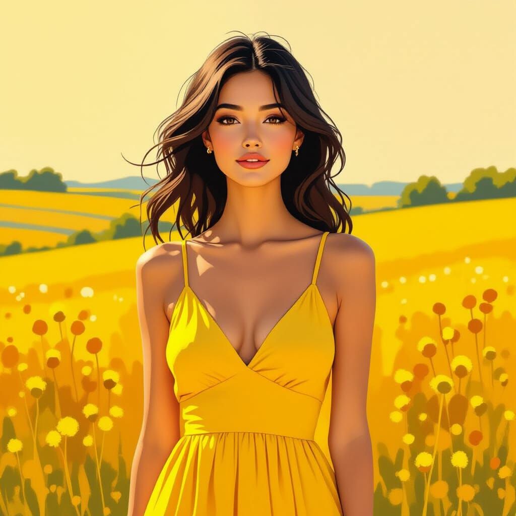 Woman in Yellow Dress in Vibrant Landscape