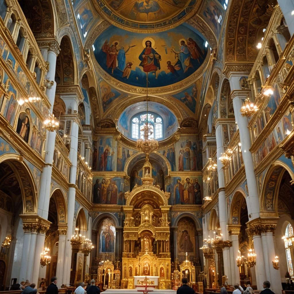 Majestic Orthodox Cathedral Interior with Jesus Icon