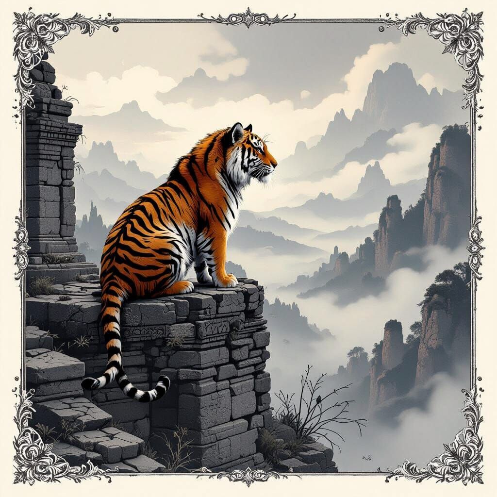 Tiger on Ancient Ruins Overlooking Misty Valley