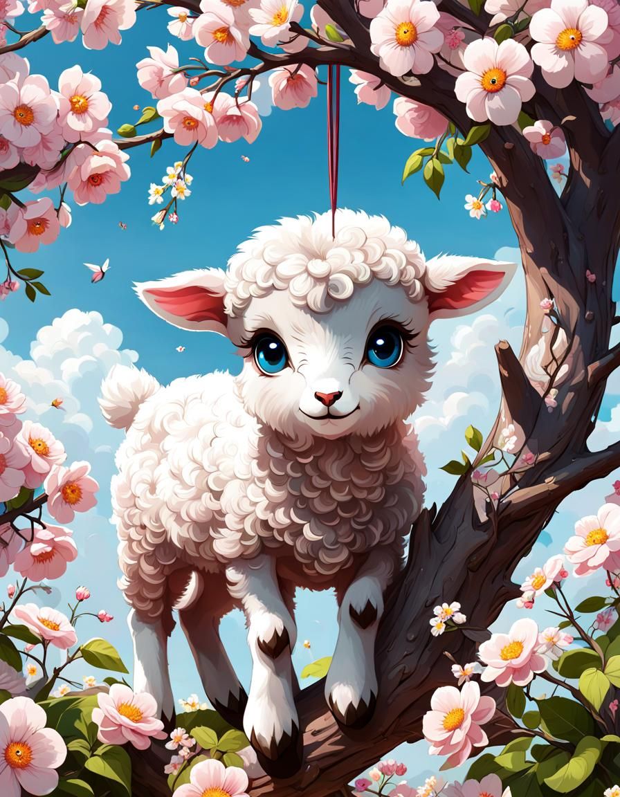 Adorable Lamb with Flowers in Rococo Fantasy Art
