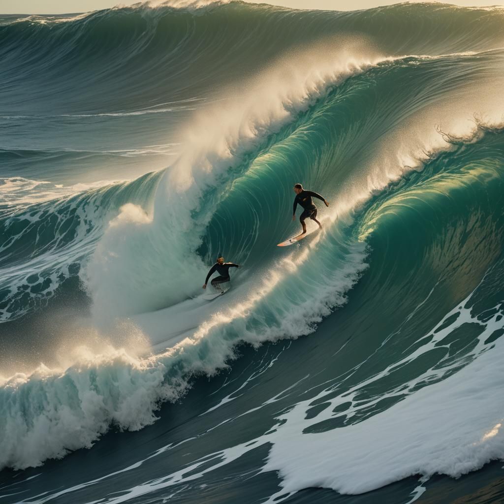 Surfer Rides Giant Wave: Cinematic Film Still