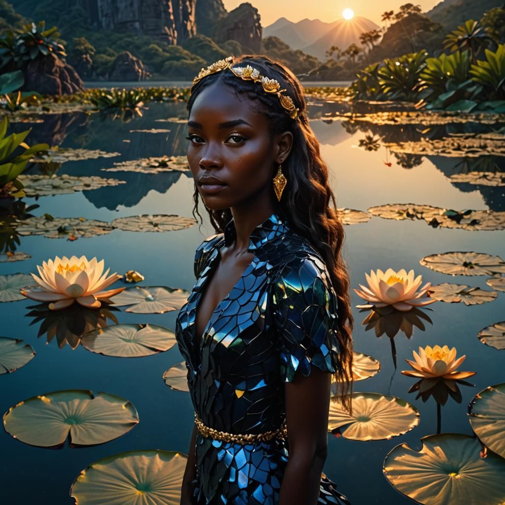 Black Gemstone Girl in African Mountain Lake