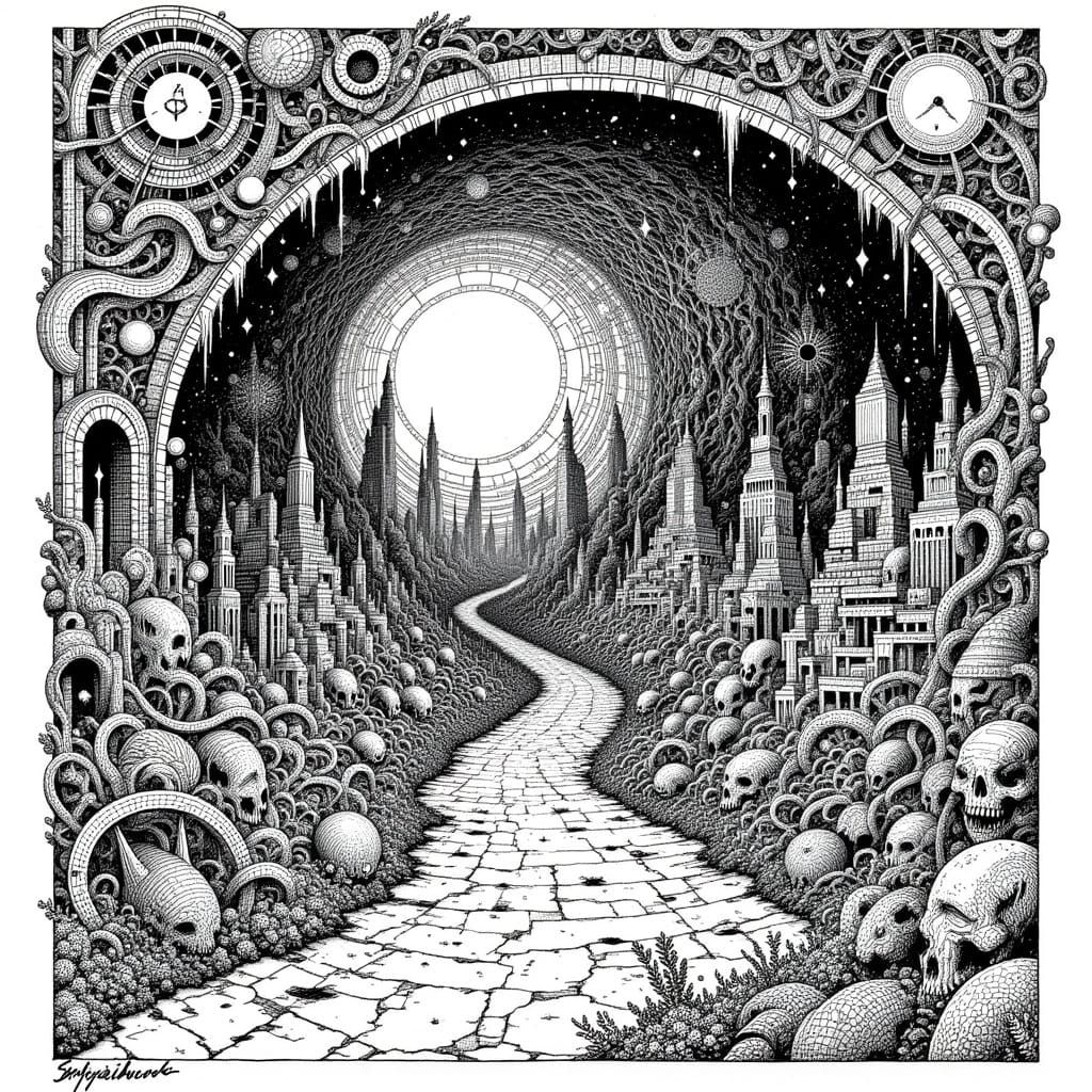 Underground Cityscape in Black and White Ink Art