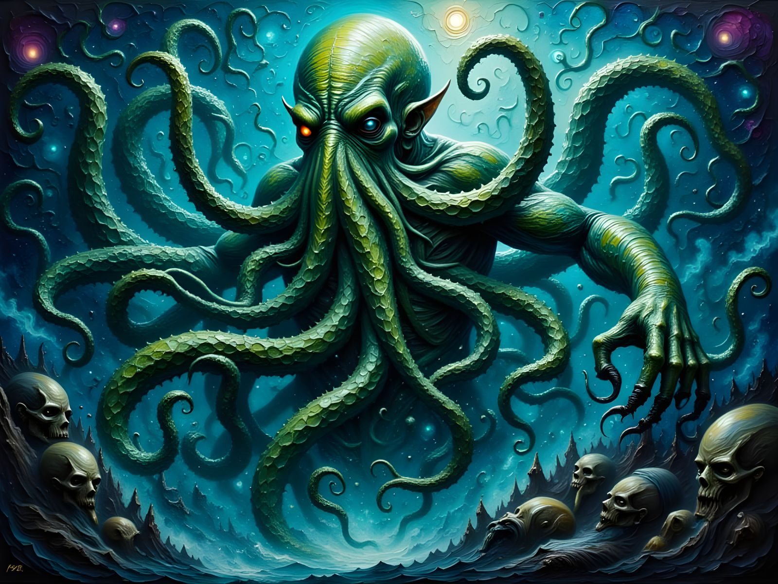 Grotesque Cthulhu Emerges from Cosmic Void in Oil Painting