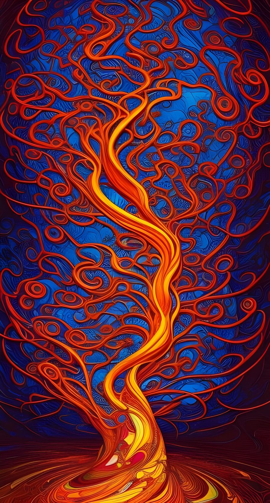 Fiery Tree in Maximalist Photoillustration Style
