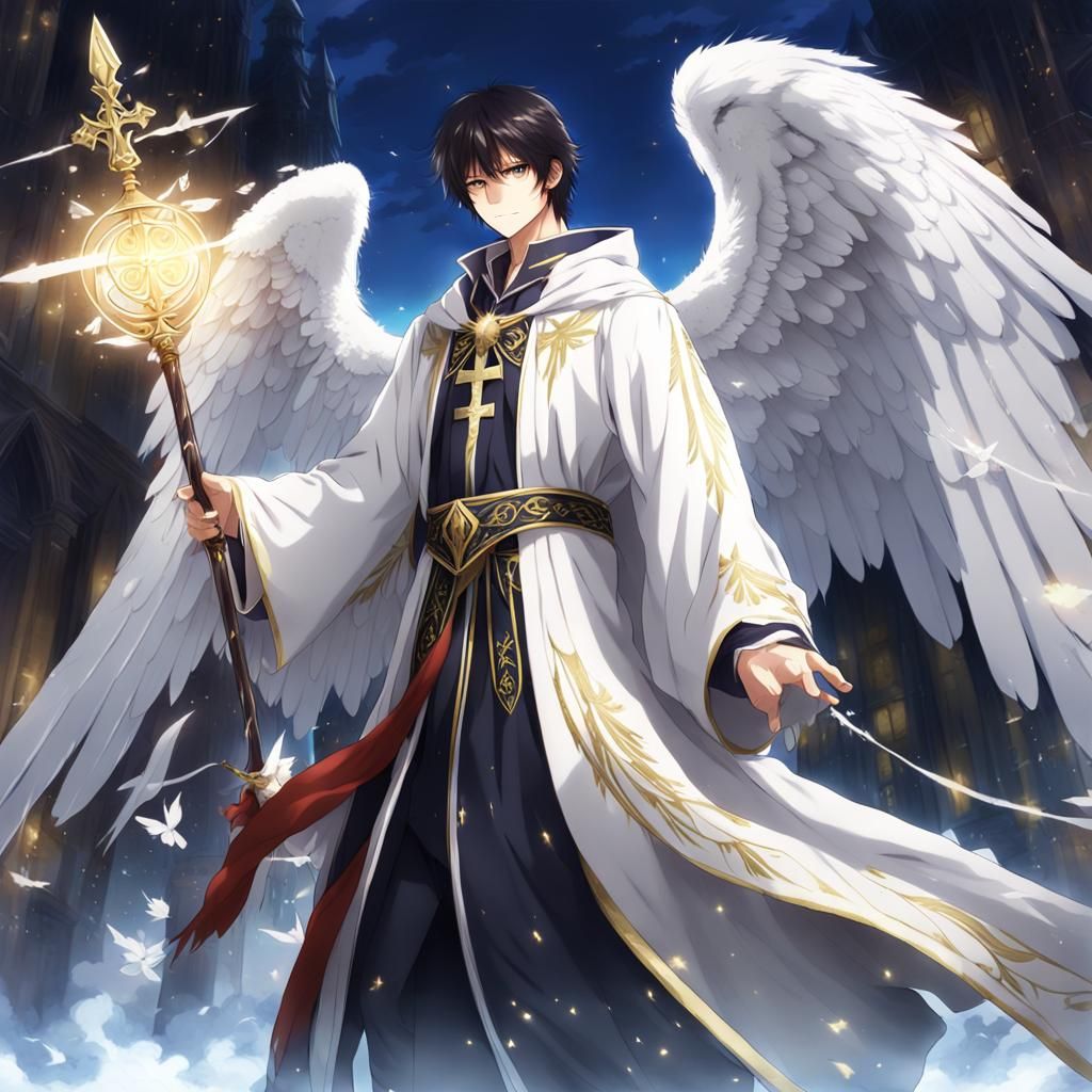 Anime Angel with White Wings and Spear
