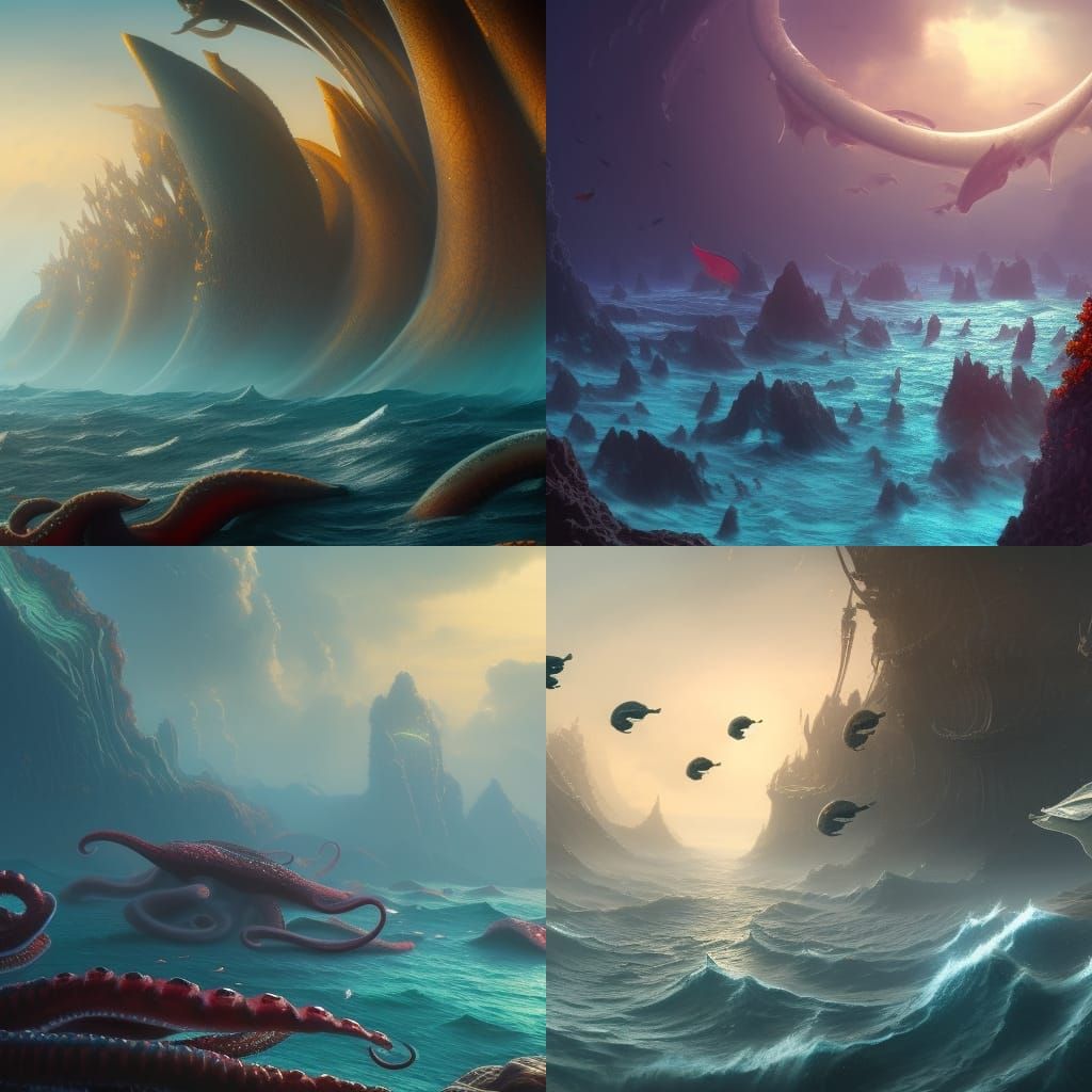 Giant Ocean with Squids: Detailed Matte Painting