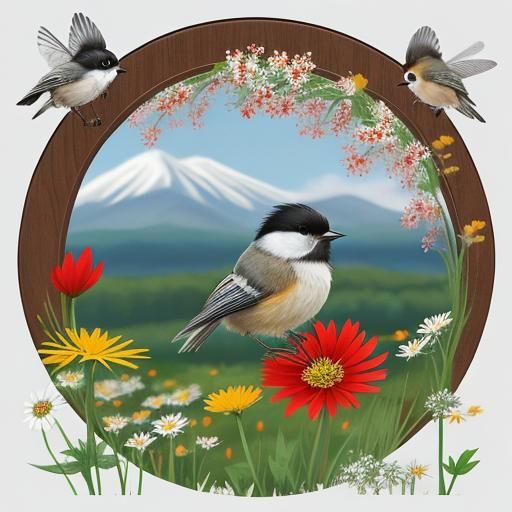 Chickadees and Wildflowers Inspired by Woodcut Prints