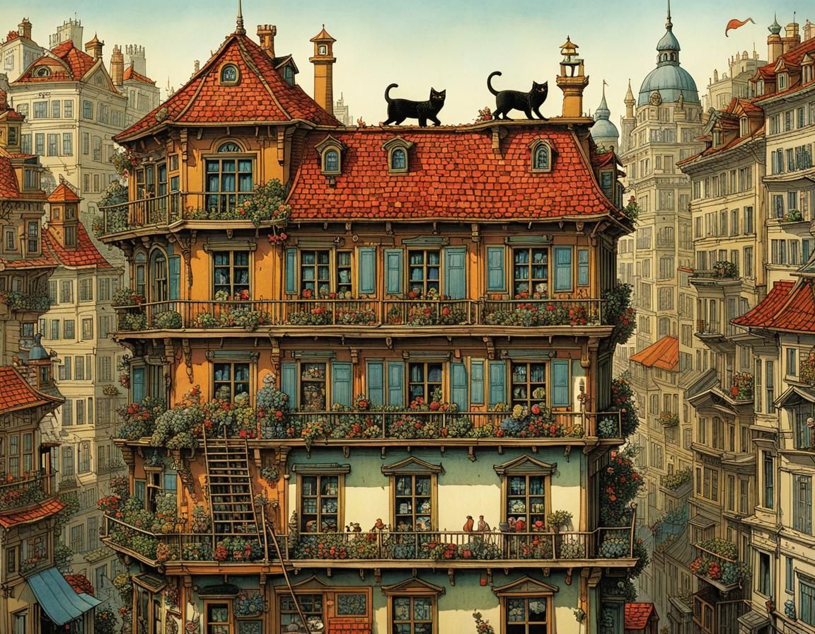 Kittens on a Rooftop: Detailed Illustration