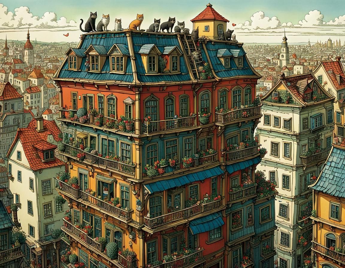 Kittens Scale Skyscraper Roof: Storybook Illustration