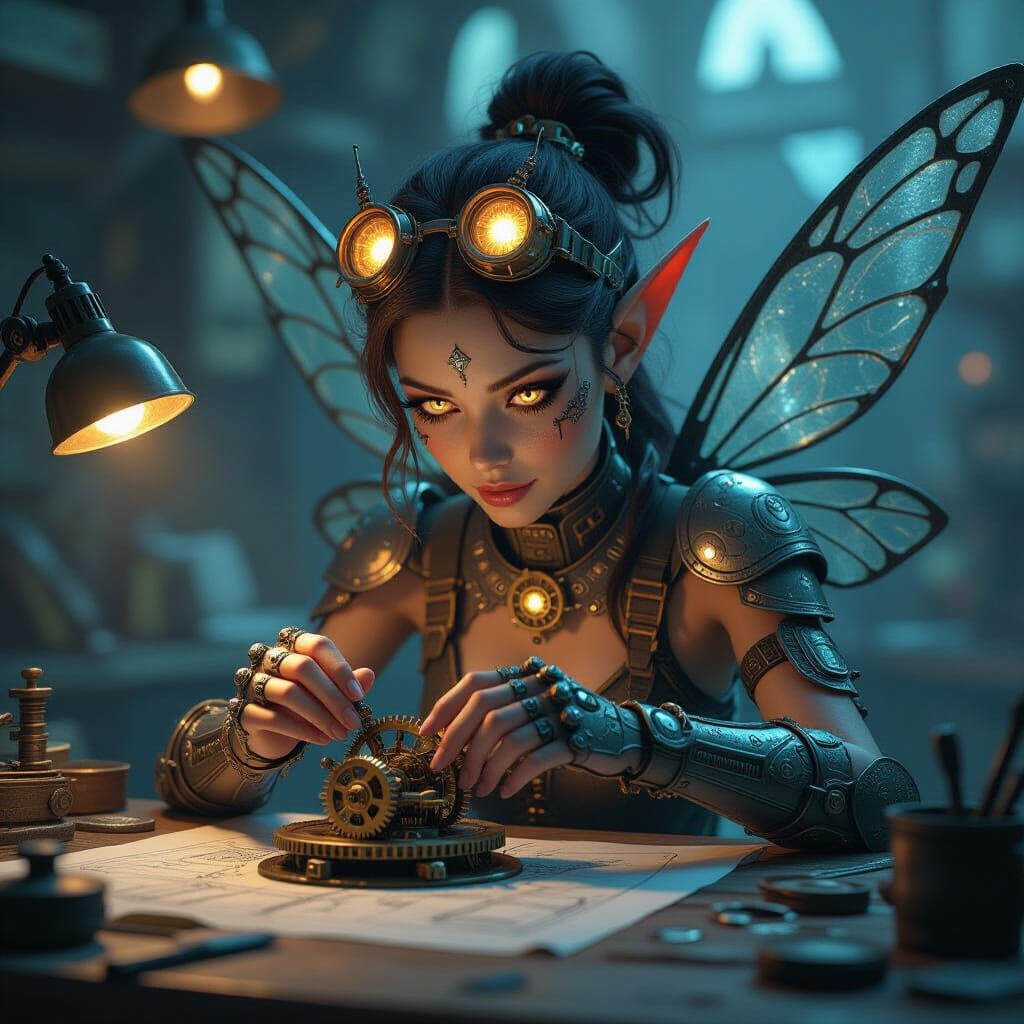 Steampunk Mechanic Fairy Repairs Clockwork Mechanism
