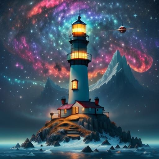 Futuristic Lighthouse Shines in Nebula Galaxy