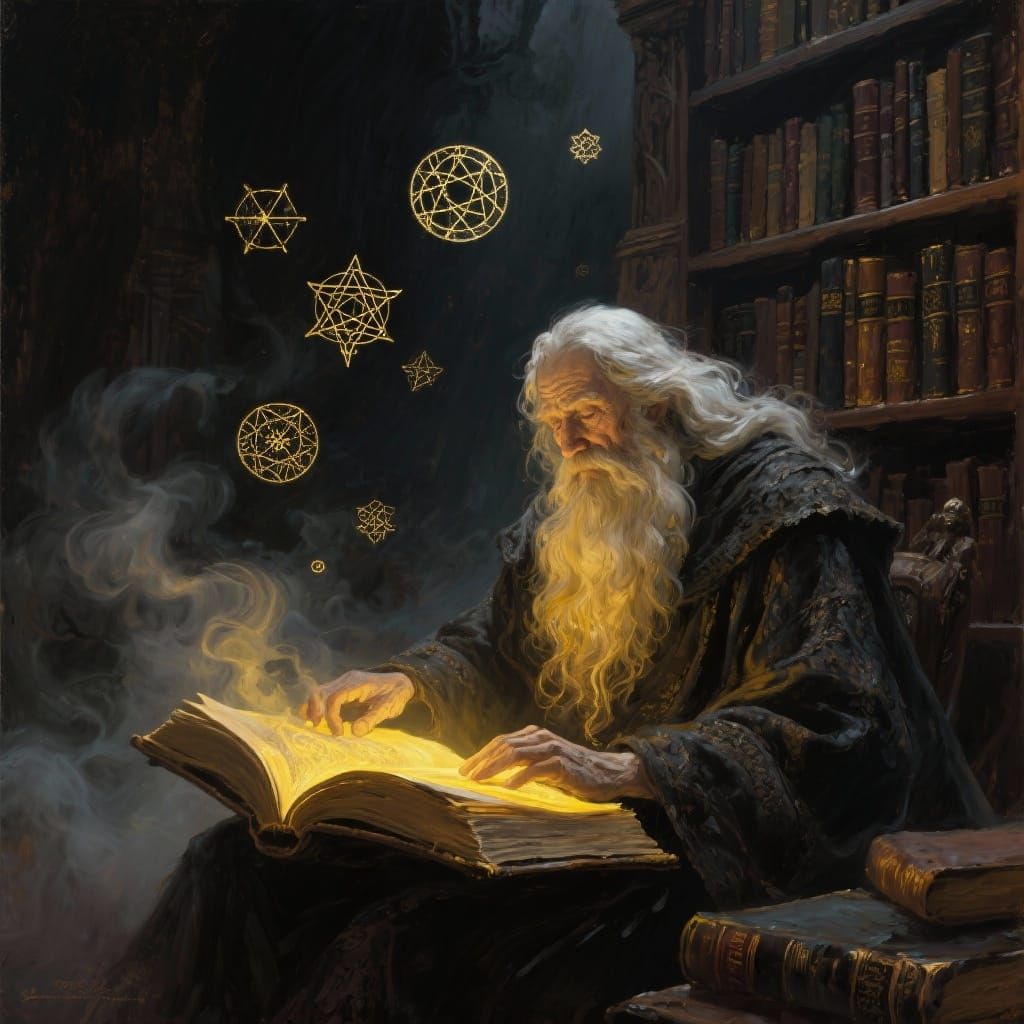 Ancient Wizard Reading Glowing Book in Dark Fantasy Oil Pain...