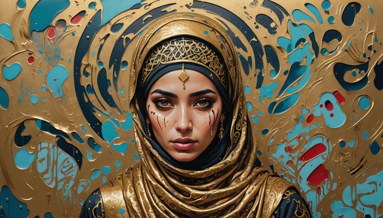 Arabic Woman in Graffiti Art with Gold Gouache