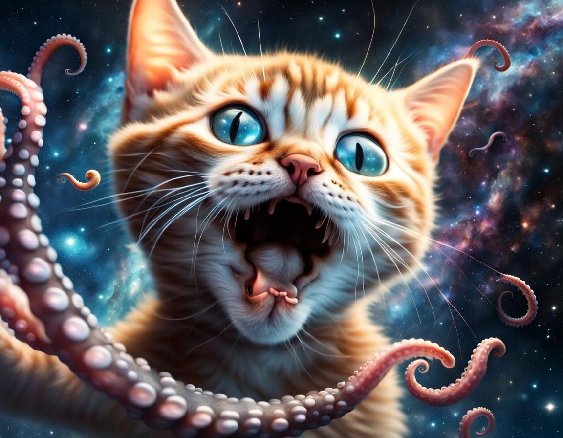 Hyperrealistic Flerken Kitten in Space with Tentacles