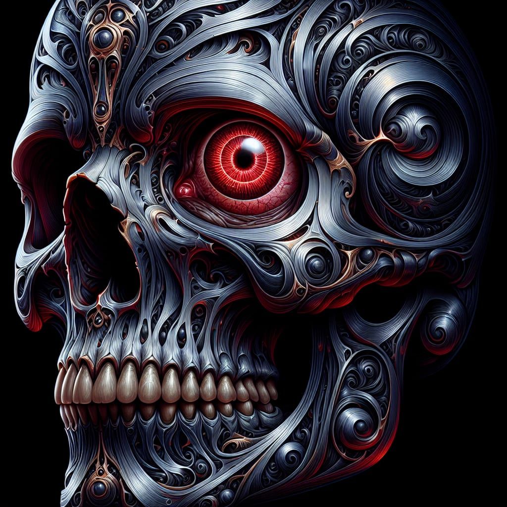 Hyperrealistic Skull with Red Eye in Gothic Art Style