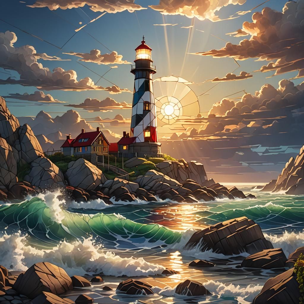 Stained Glass Lighthouse on Rocky Coastline