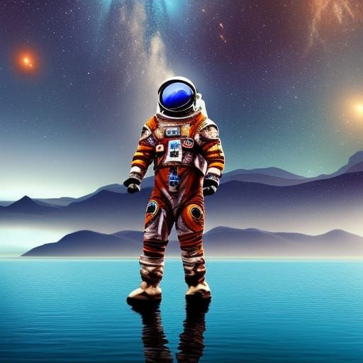 Astronaut on Galactic Planet: Detailed Matte Painting