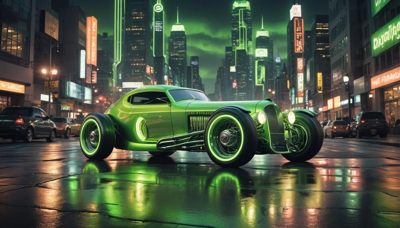 Futuristic Hot Rod in Applegreen Glow: Cinematic Portrait