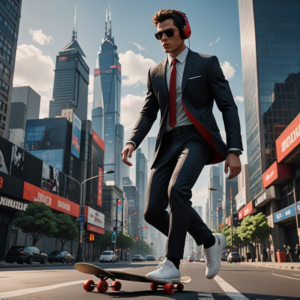 Businessman on a High-Tech Skateboard Amidst Futuristic City...