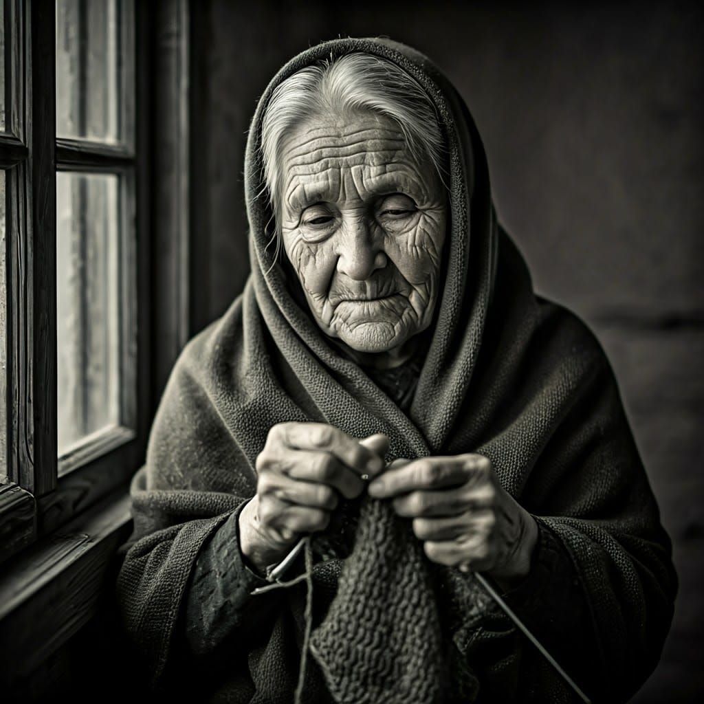 Elderly Woman Knitting in Cozy Home