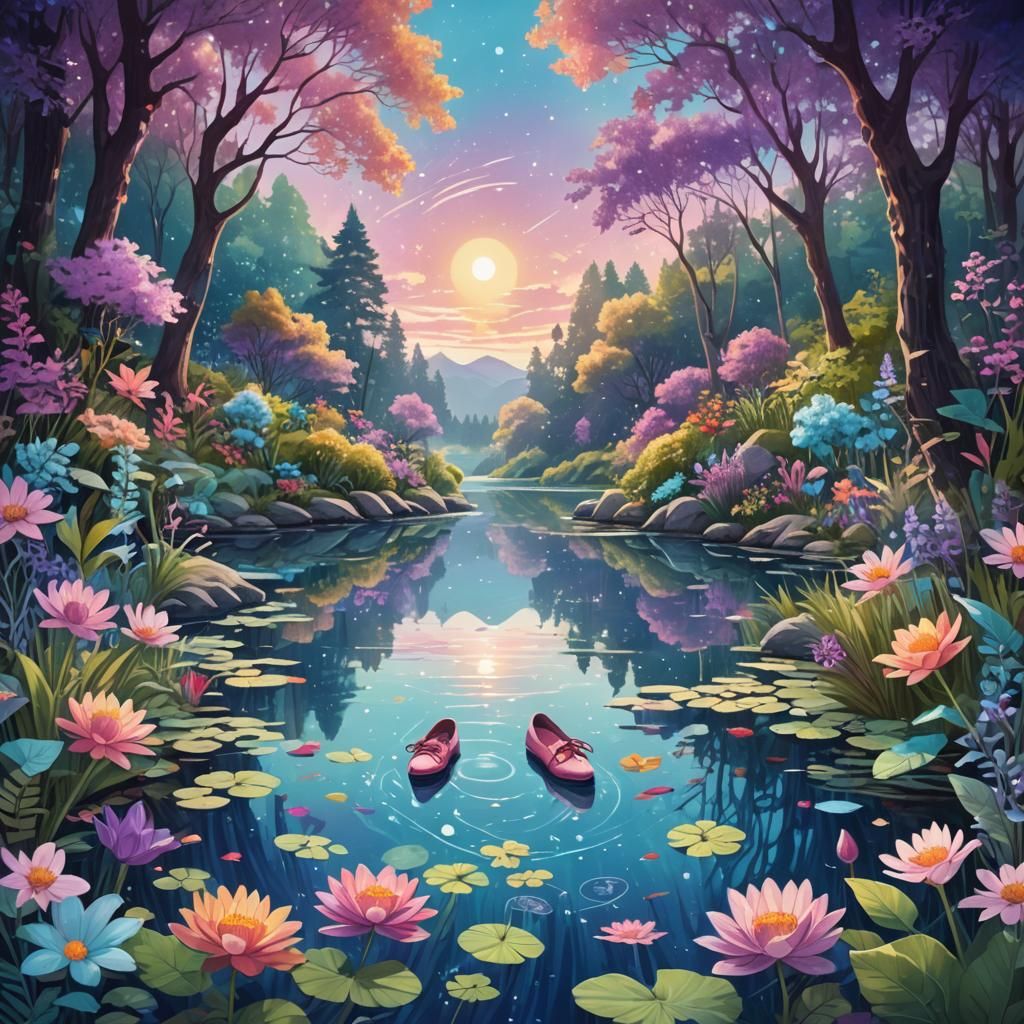 Cosmic Shoe Sanctuary with Lake, Mixed Media Art